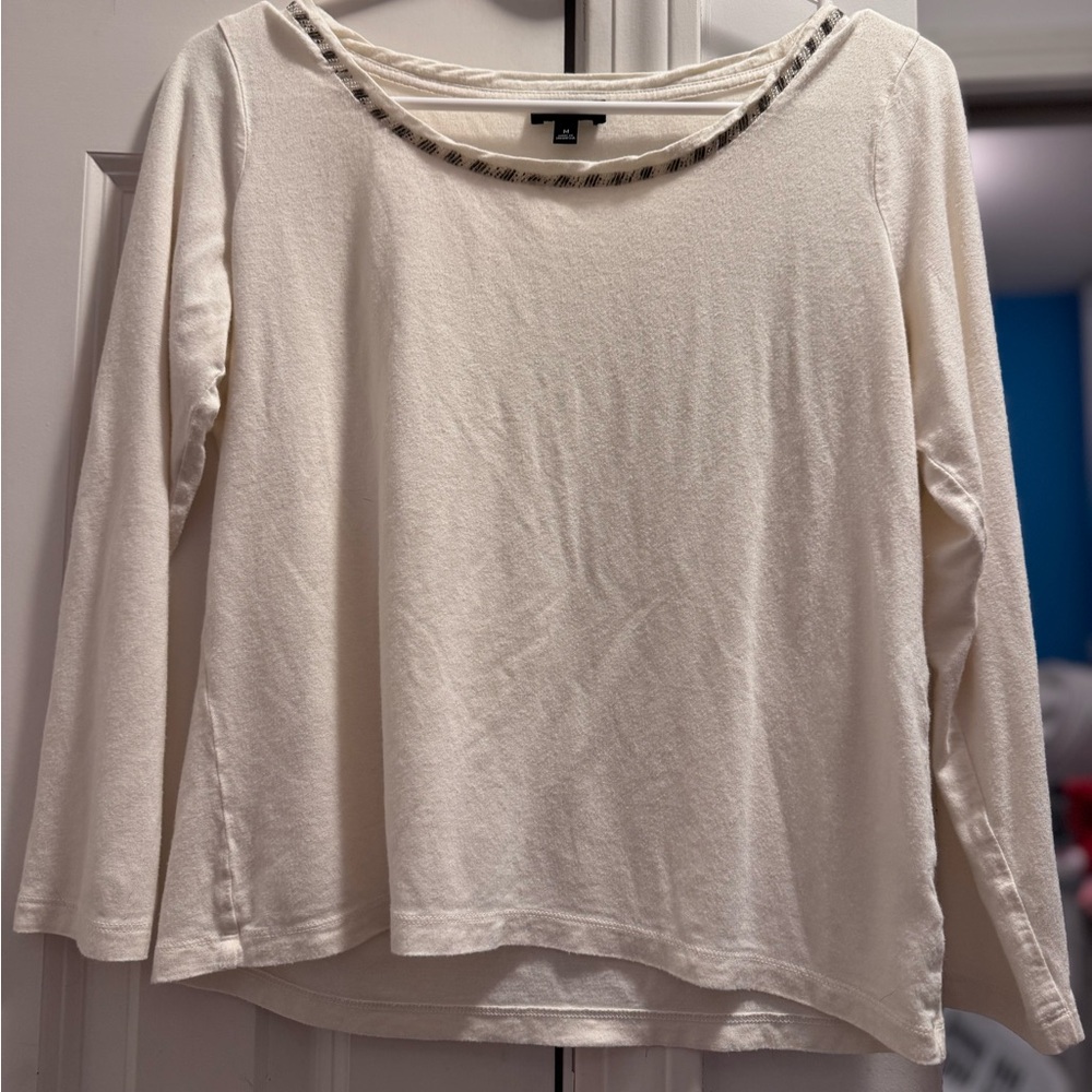 Talbots Cream Long Sleeve Top with Embellished Neckline